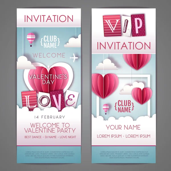 Joyeux design d'invitation Saint-Valentin avec des cœurs d'amour dans le ciel. Découpez la conception de style art papier — Image vectorielle