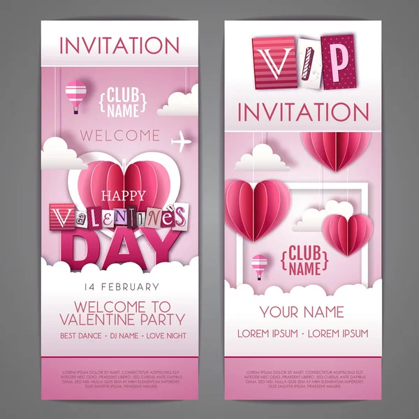 Design de convite feliz dia dos namorados com corações de amor no céu. Corte design de estilo de arte de papel —  Vetores de Stock