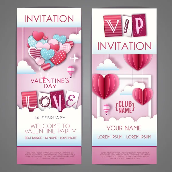 Joyeux design d'invitation Saint-Valentin avec des cœurs d'amour dans le ciel. Découpez la conception de style art papier — Image vectorielle