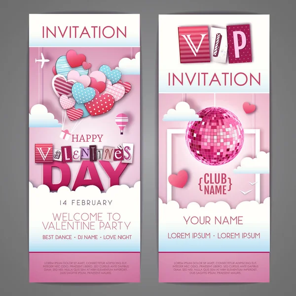 Happy Valentines day invitation design with love hearts in the sky. Cut out paper art style design — Stock Vector