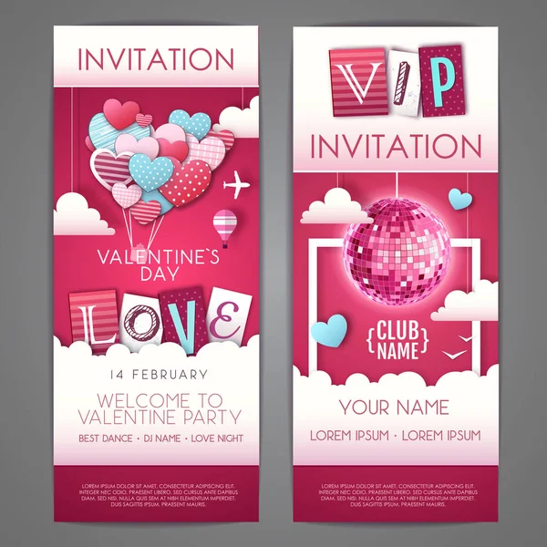 Happy Valentines day invitation design with love hearts in the sky. Cut out paper art style design — Stock Vector