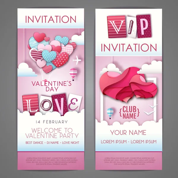 Design de convite feliz dia dos namorados com corações de amor no céu. Corte design de estilo de arte de papel —  Vetores de Stock