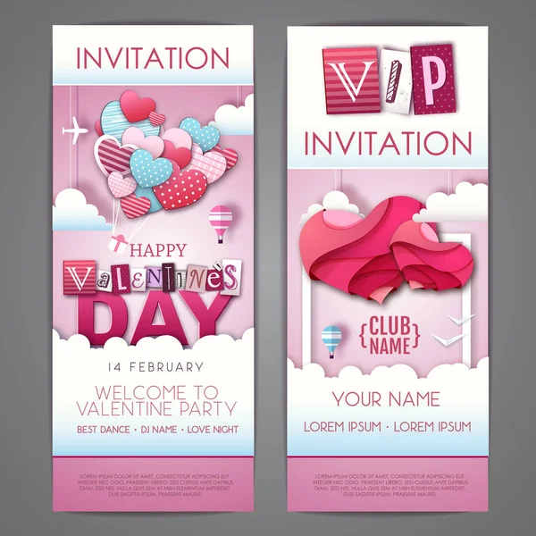 Happy Valentines day invitation design with love hearts in the sky. Cut out paper art style design — Stock Vector