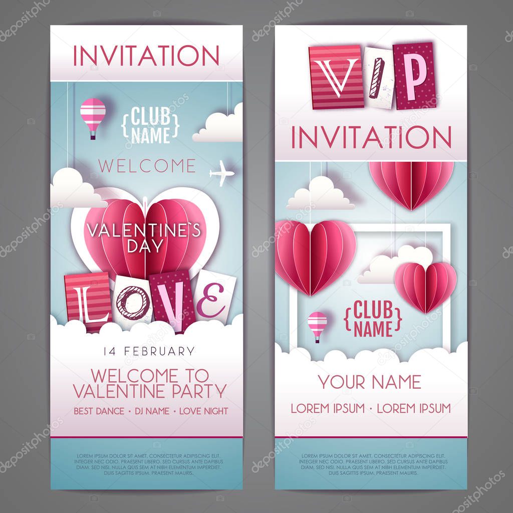 Happy Valentines day invitation design with love hearts in the sky. Cut out paper art style design