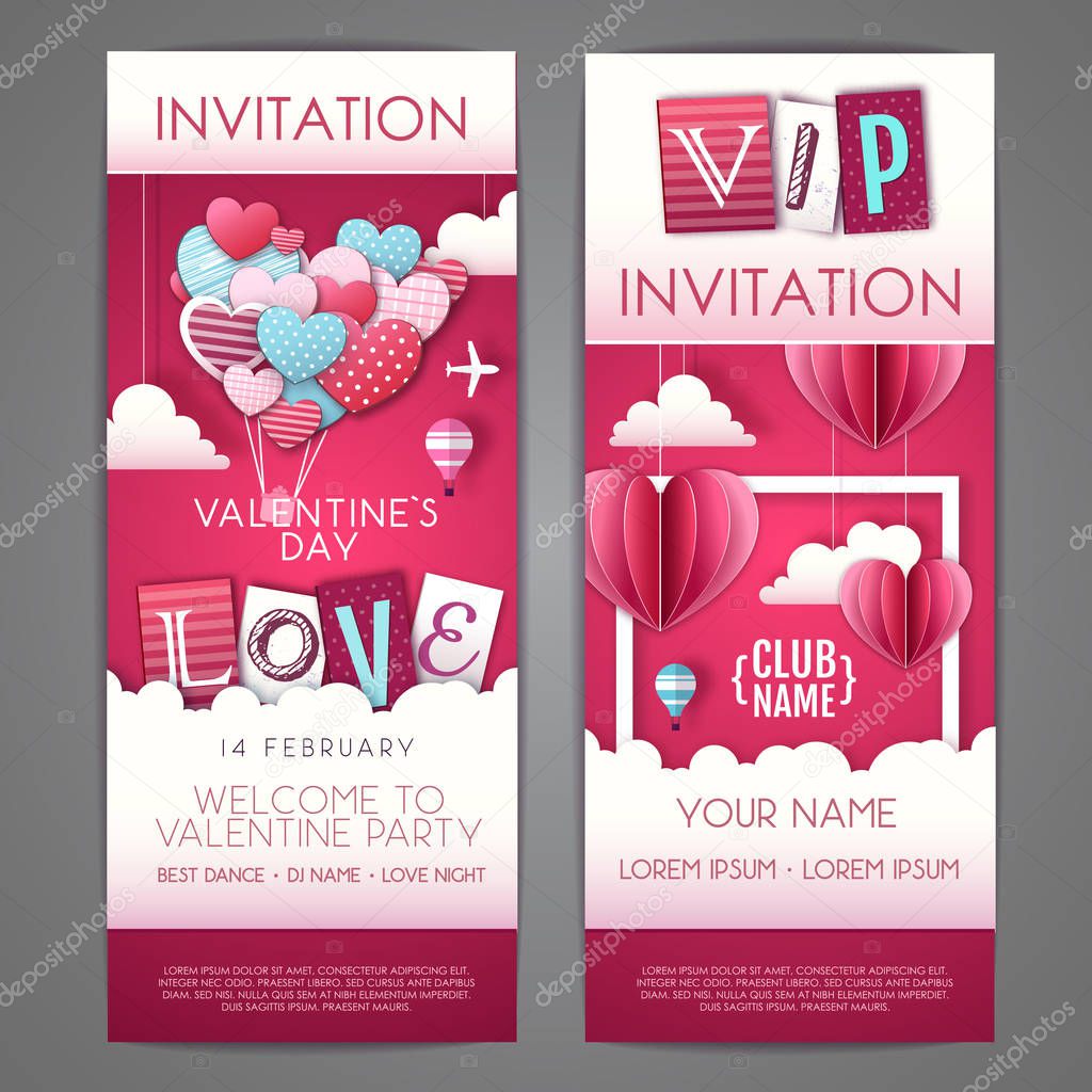 Happy Valentines day invitation design with love hearts in the sky. Cut out paper art style design