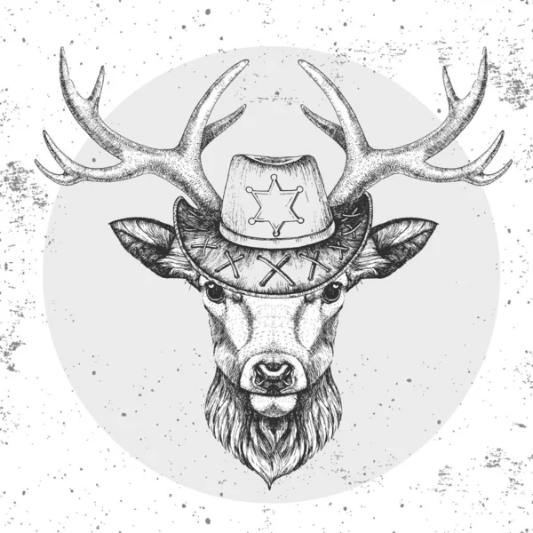 Retro Hipsterski jeleń w kapeluszu szeryfa. Rysunek ręczny Kufa jelenia — Wektor stockowy