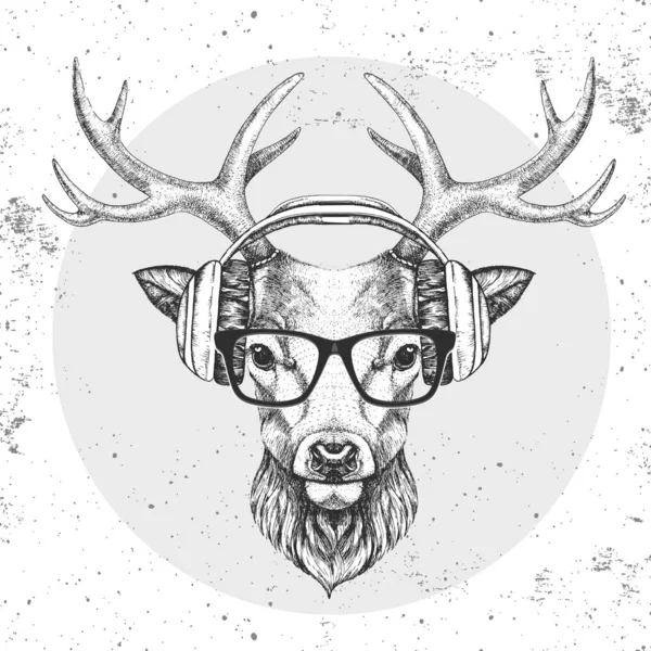 Ciervo animal Hipster con auriculares. Dibujo a mano Bozal de ciervo animal — Vector de stock