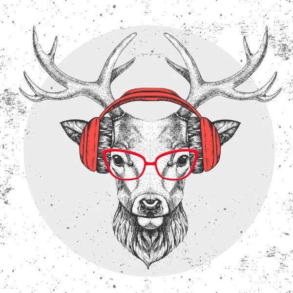 Ciervo animal Hipster con auriculares. Dibujo a mano Bozal de ciervo animal — Vector de stock