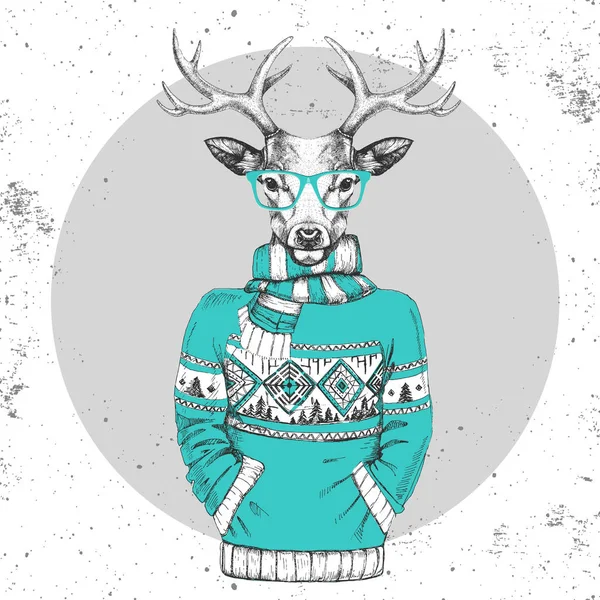 Retro Hipster ciervo animal de moda vestido con jersey . — Vector de stock