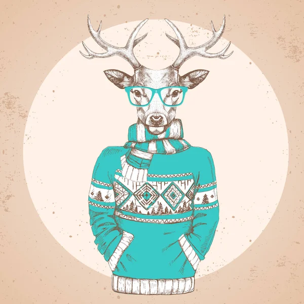 Retro Hipster ciervo animal de moda vestido con jersey . — Vector de stock