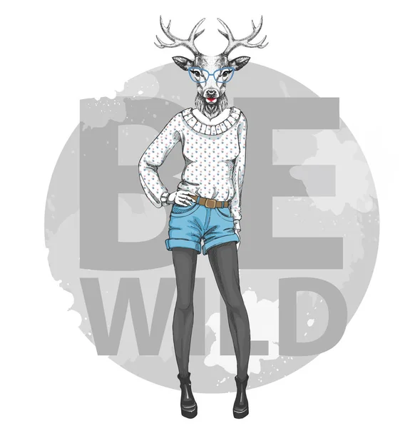 レトロヒップスターファッション動物鹿。女性モデル — ストックベクタ