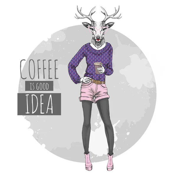 Retro Hipster moda veado animal com café. Modelo de mulher —  Vetores de Stock
