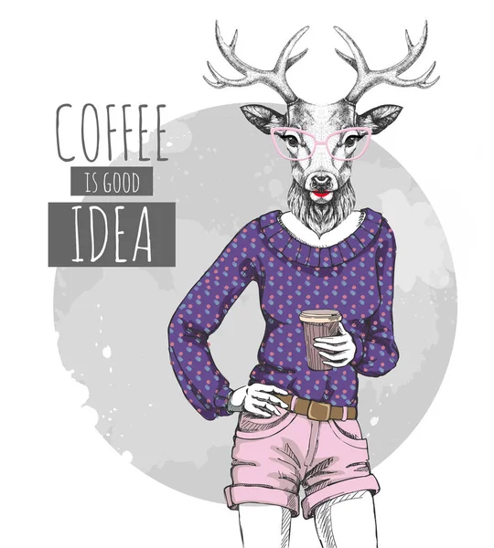 Retro Hipster moda veado animal com café. Modelo de mulher —  Vetores de Stock