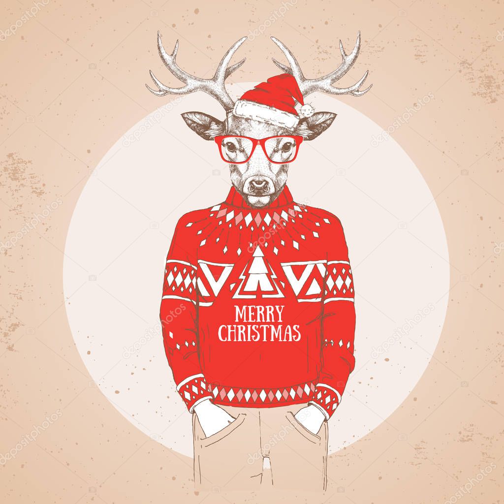 Christmas Hipster fashion animal deer dressed in New Year hat and pullover