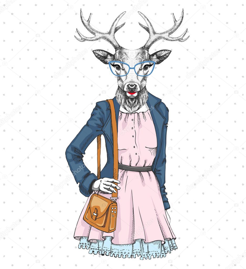Retro Hipster fashion animal deer. Woman model