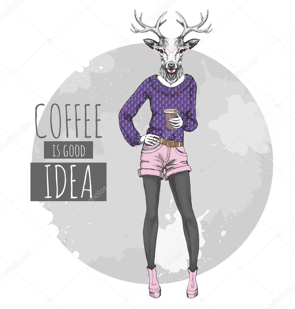Retro Hipster fashion animal deer with coffee. Woman model