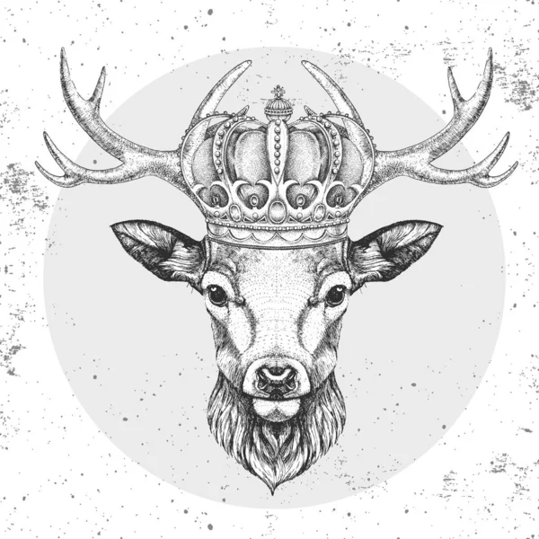 Cervo animale hipster in corona. Mano disegno Muso di cervo — Vettoriale Stock