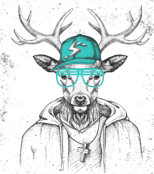 Ciervo animal Hipster vestido con gorra como rapero. Dibujo a mano Bozal de ciervo — Vector de stock