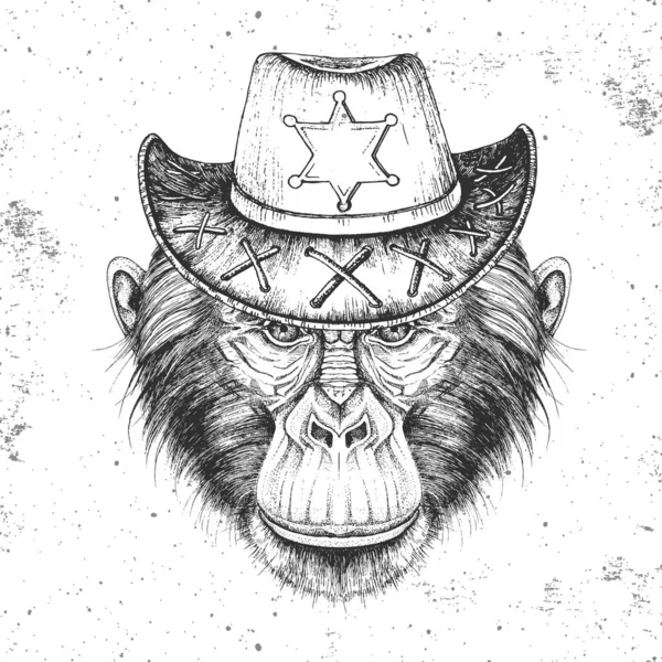 Retro Hipster animal monkey with sheriff's hat. Hand drawing Muzzle of animal chimpanzee — Stock Vector