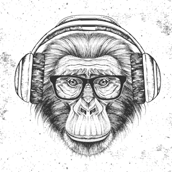 Macaco animal Hipster com auscultadores. Desenho à mão Bocal de chimpanzé animal —  Vetores de Stock