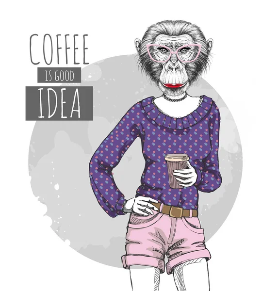 Retro Hipster mono animal de moda con café. Modelo de mujer — Archivo Imágenes Vectoriales