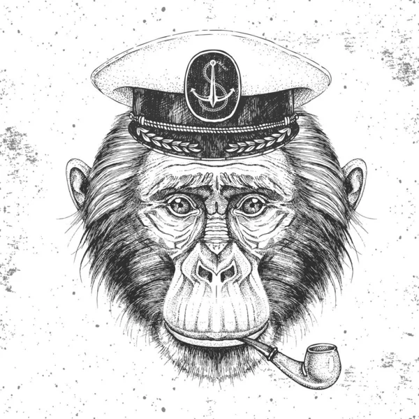 Hipsterská opice v kapitánově čepici a kouřící dýmce. Ruční kresba Tlama šimpanze — Stockový vektor