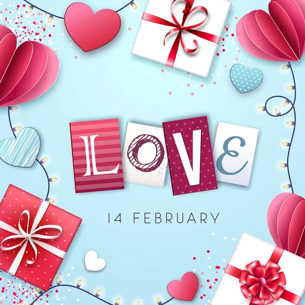 Happy Valentine`s day background with love hearts and gift boxes — 스톡 벡터