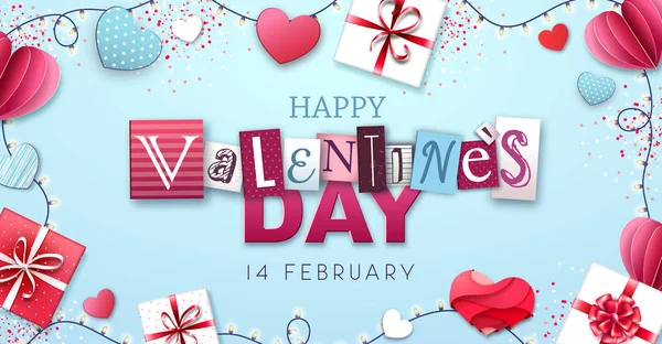 Feliz Dia dos Namorados fundo com corações de amor e caixas de presente — Vetor de Stock