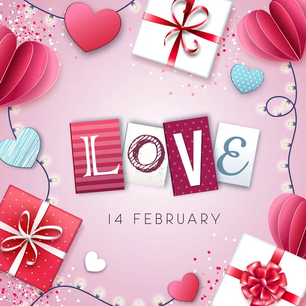 Šťastný Valentýn pozadí s láskou srdce a dárkové krabice — Stockový vektor