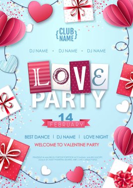 Sevgililer günün kutlu olsun. Aşk ve hediye kutularıyla dolu. Sevgililer Günü partisi posteri