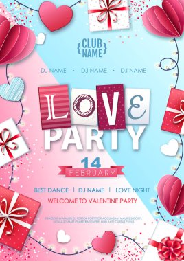 Sevgililer günün kutlu olsun. Aşk ve hediye kutularıyla dolu. Sevgililer Günü partisi posteri