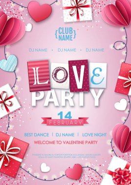 Sevgililer günün kutlu olsun. Aşk ve hediye kutularıyla dolu. Sevgililer Günü partisi posteri