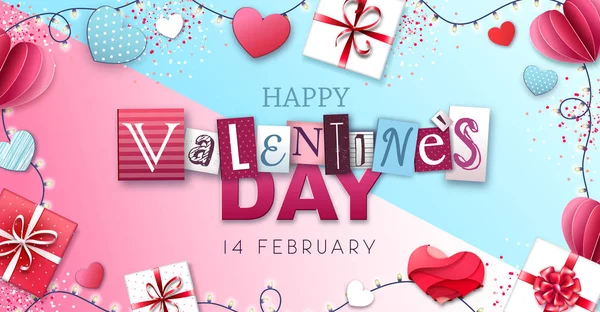 Glücklicher Valentinstag Hintergrund mit Liebesherzen und Geschenkschachteln. — Stockvektor