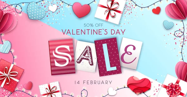 Happy Valentine`s day background with love hearts and gift boxes. Valentine`s day sale poster — 스톡 벡터