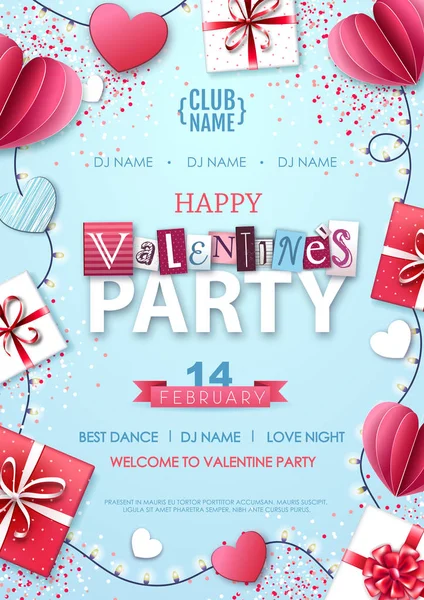 Happy Valentine`s day background with love hearts and gift boxes. Valentine party poster — 스톡 벡터