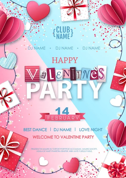 Happy Valentine`s day background with love hearts and gift boxes. Valentine party poster — Stock Vector