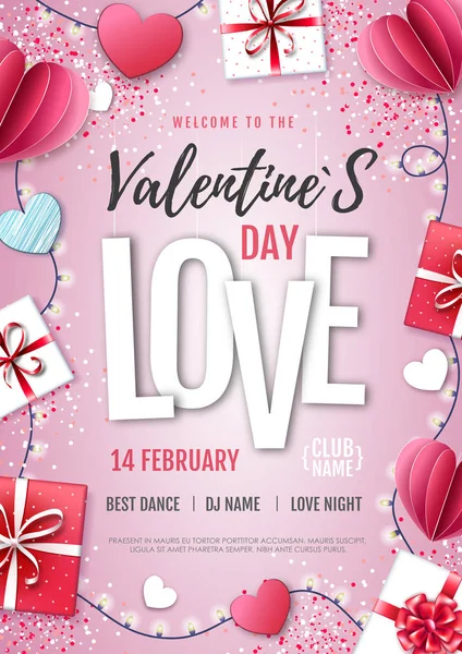 Happy Valentine 's day background with love hearts and gift boxes. Плакат вечеринки в Валентине — стоковый вектор