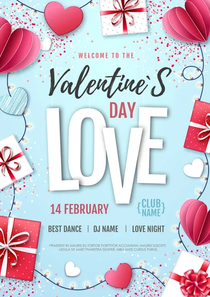 Fundo feliz dia dos namorados com corações de amor e caixas de presente. Cartaz da festa Valentine — Vetor de Stock