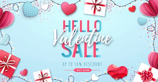 Happy Valentine`s day background with love hearts and gift boxes. Valentine`s day sale poster — Stock Vector