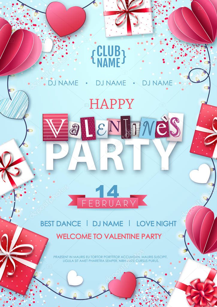 Happy Valentine`s day background with love hearts and gift boxes. Valentine party poster