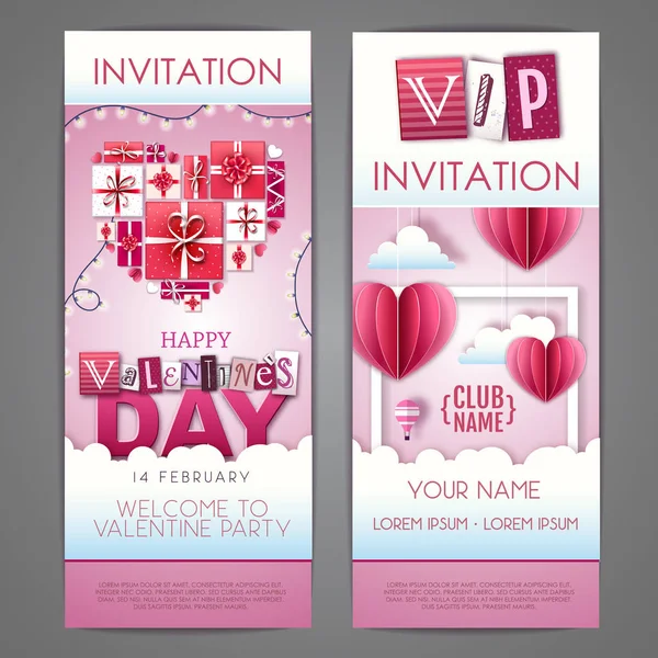 Feliz día de San Valentín diseño de invitación con corazones de amor. Cortar diseño de estilo de arte de papel — Vector de stock