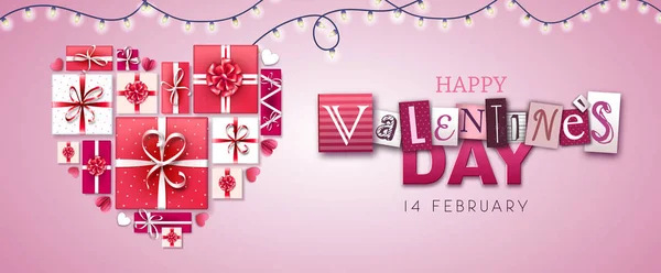 Feliz día de San Valentín fondo con corazones de amor y cajas de regalo — Archivo Imágenes Vectoriales
