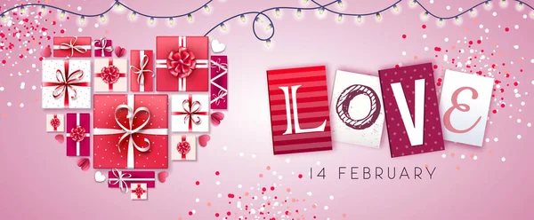 Χαρούμενη Ημέρα του Αγίου Βαλεντίνου φόντο με καρδιές αγάπης και κουτιά δώρων — Διανυσματικό Αρχείο