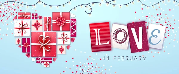 Happy Valentine 's day background with love hearts and gift boxes — стоковый вектор