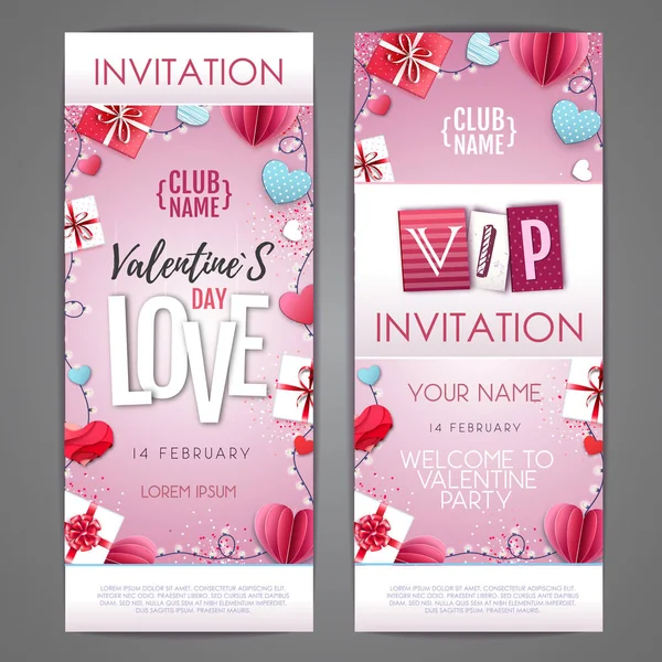 Gelukkige Valentijnsdag uitnodiging ontwerp met liefde harten. Knip papier kunst stijl design — Stockvector