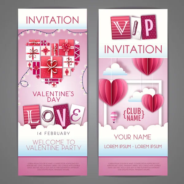 Gelukkige Valentijnsdag uitnodiging ontwerp met liefde harten. Knip papier kunst stijl design — Stockvector