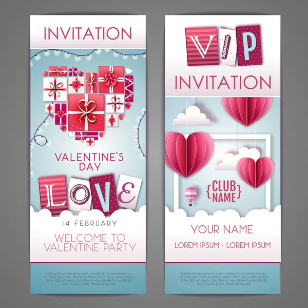 Design de convite feliz dia dos namorados com corações de amor. Corte design de estilo de arte de papel — Vetor de Stock