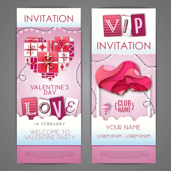 Feliz día de San Valentín diseño de invitación con corazones de amor. Cortar diseño de estilo de arte de papel — Vector de stock