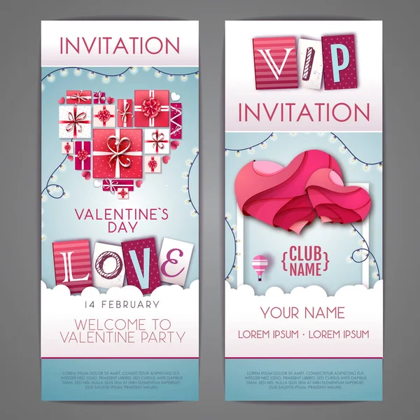 Gelukkige Valentijnsdag uitnodiging ontwerp met liefde harten. Knip papier kunst stijl design — Stockvector