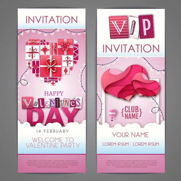 Feliz día de San Valentín diseño de invitación con corazones de amor. Cortar diseño de estilo de arte de papel — Vector de stock